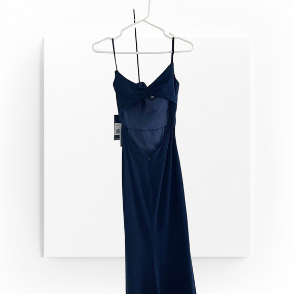 NWT La Femme Navy Gown High Slit Jersey Ruched Dress 6 MSRP $349 - Picture 7 of 10